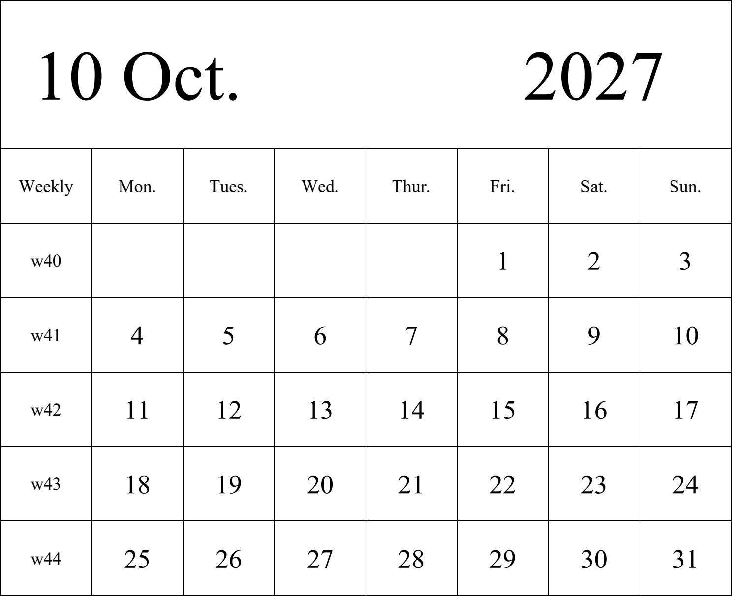 日历表2027年日历 英文版 纵向排版 周一开始 带周数 带节假日调休安排